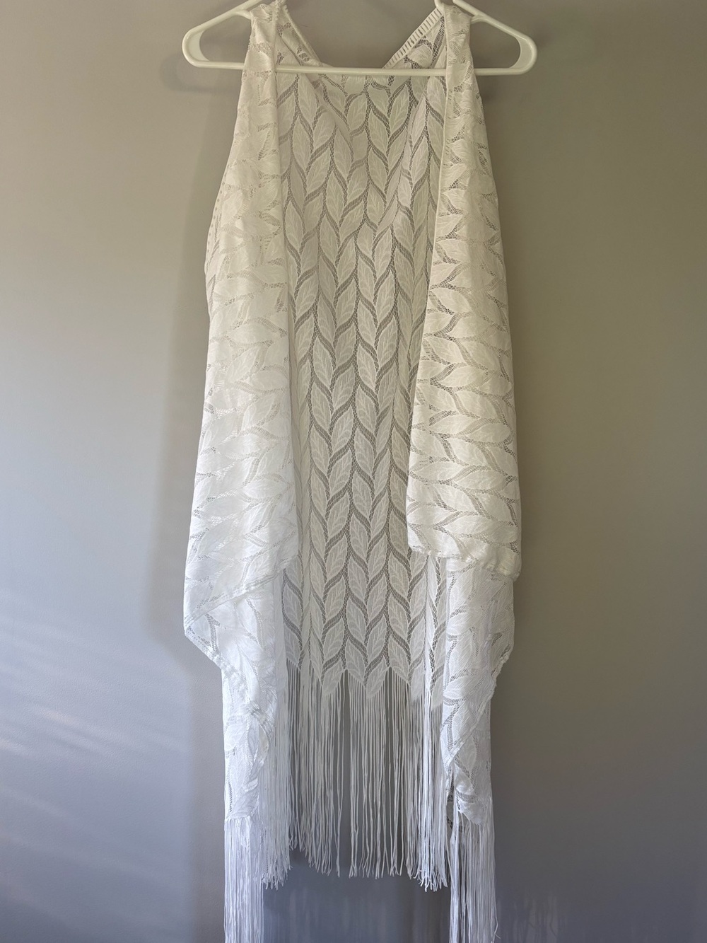 White Lace Shawl Cover Up With Fringe Bottom